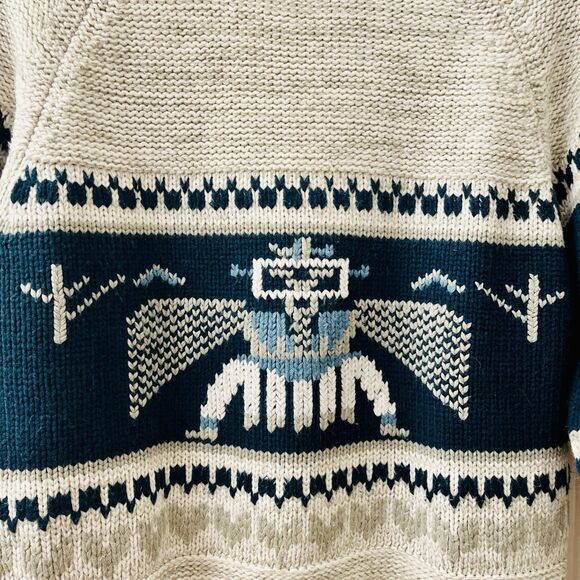 Vtg Gottschalks Men’s Large Cream Blue Sweater Thunderbird Ski Aztec Southwest - Picture 2 of 9